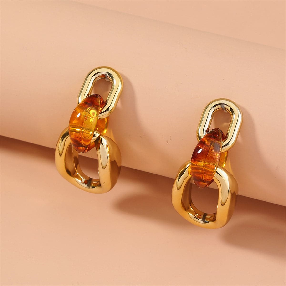Orange and 18K Gold-Plated Link Drop Earrings, gold drop earrings for women, everyday style, detail close-up