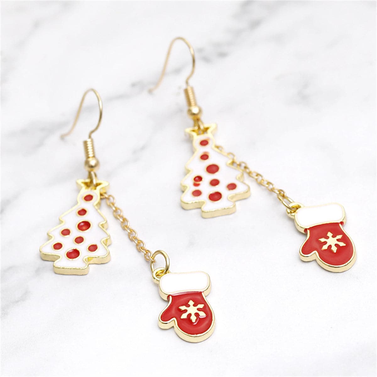 Red & White Tree & Mittens Drop Earrings