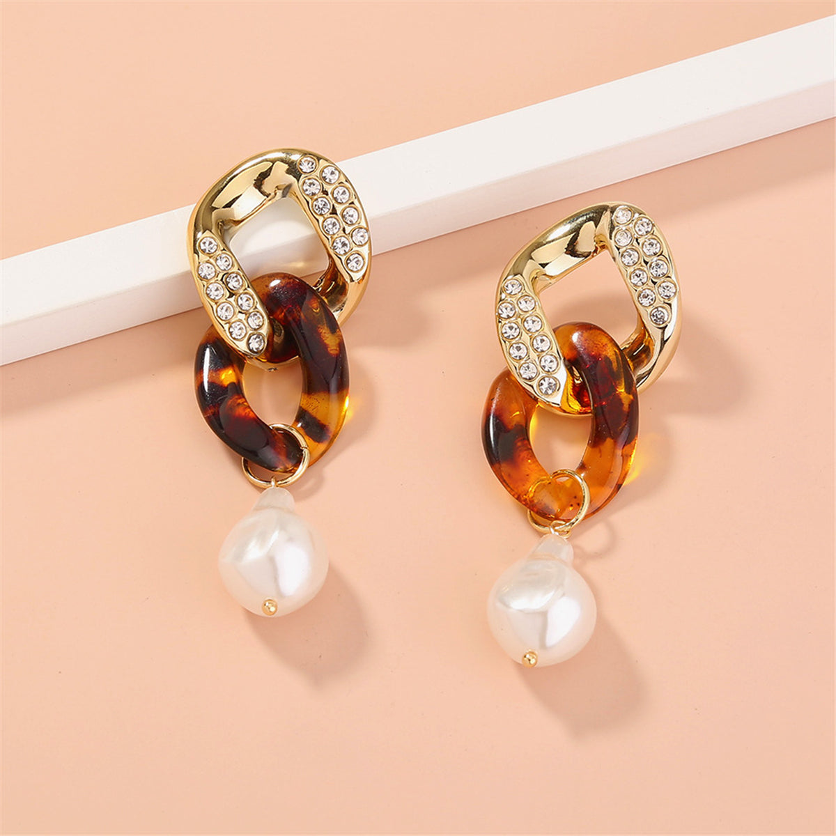 Pearl and Cubic Zirconia Resin 18K Gold-Plated Chain Link Drop Earrings, gold drop earrings for women, styled look