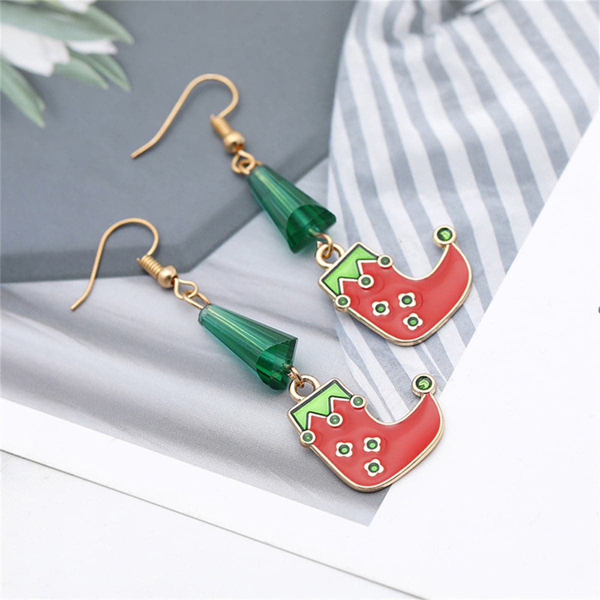 Green and Red Beaded Cone Elf Shoe Drop Earrings, drop earrings for women, botanical inspired, detail close-up