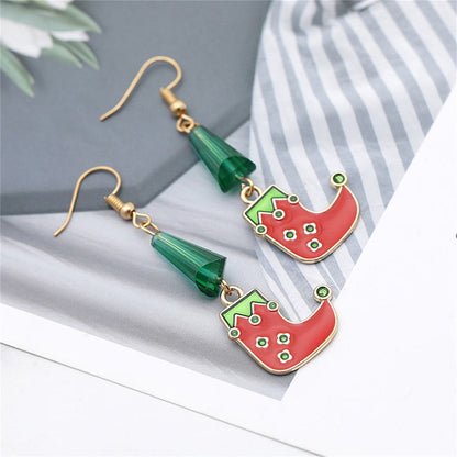 Green and Red Beaded Cone Elf Shoe Drop Earrings, drop earrings for women, botanical inspired, detail close-up