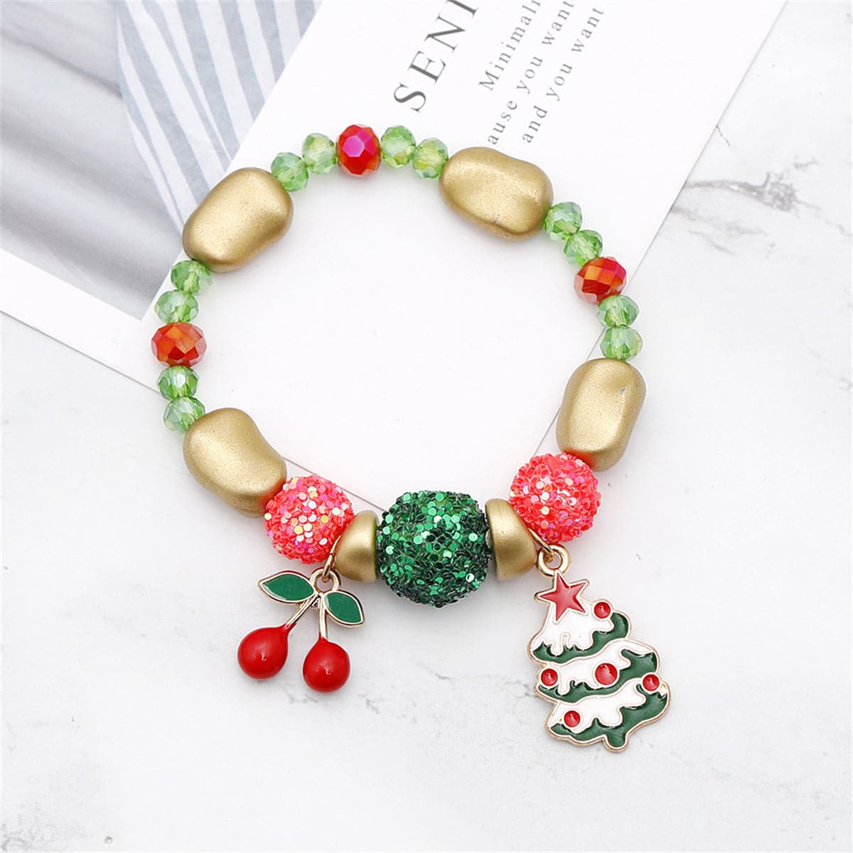 Red and Green Sparkle Tree and Mistletoe Stretch Charm Bracelet, bracelet for women, dainty minimalist design, front view