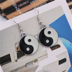 Black Enamel & Silver-Plated Yin Yang Drop Earrings