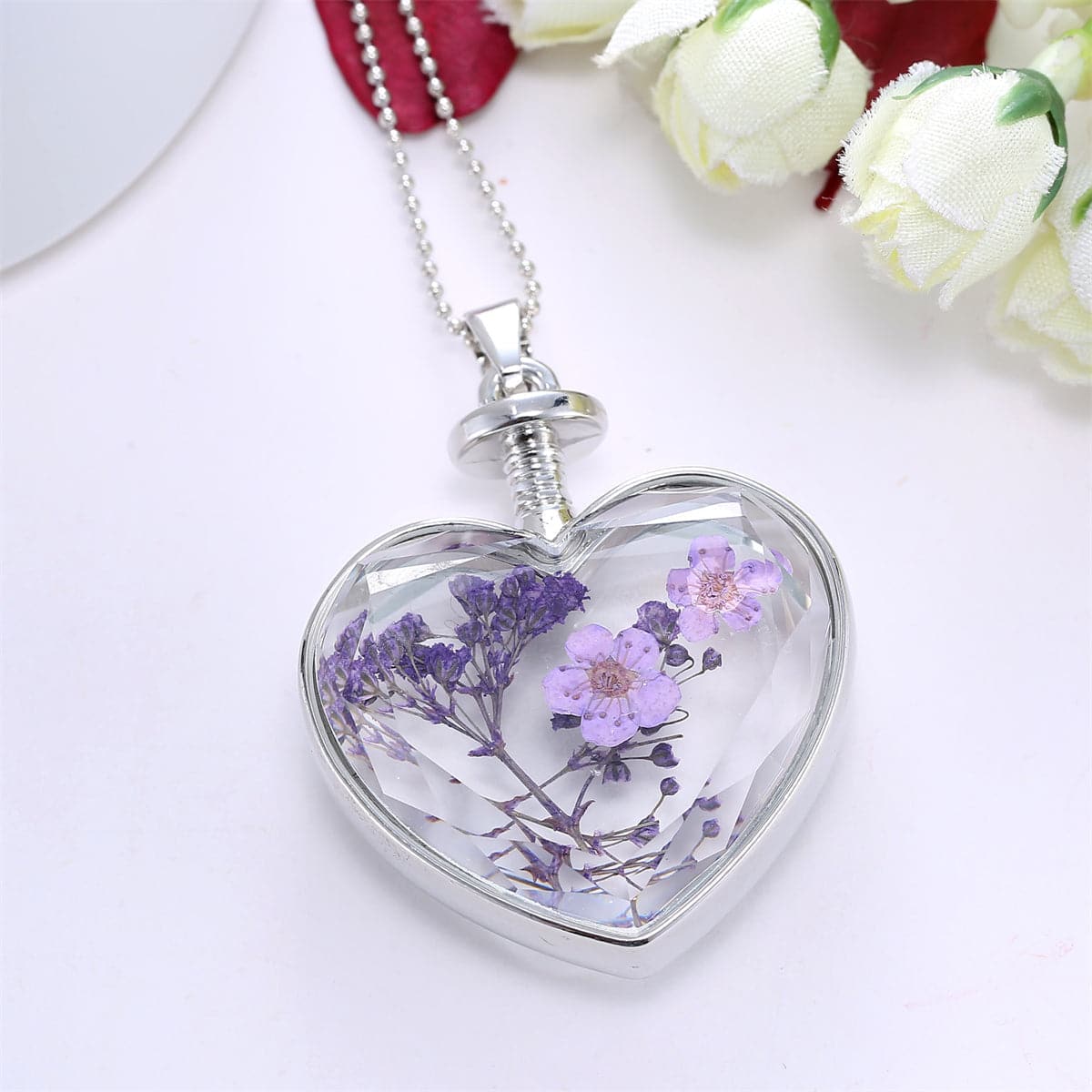 Purple Pressed Peach Blossom and Silver-Plated Heart Pendant Necklace, silver pendant necklace for women, detail close-up