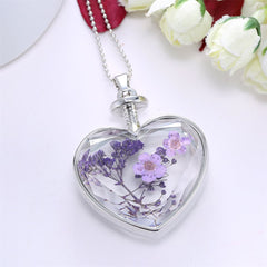 Purple Pressed Peach Blossom & Silver-Plated Heart Pendant Necklace