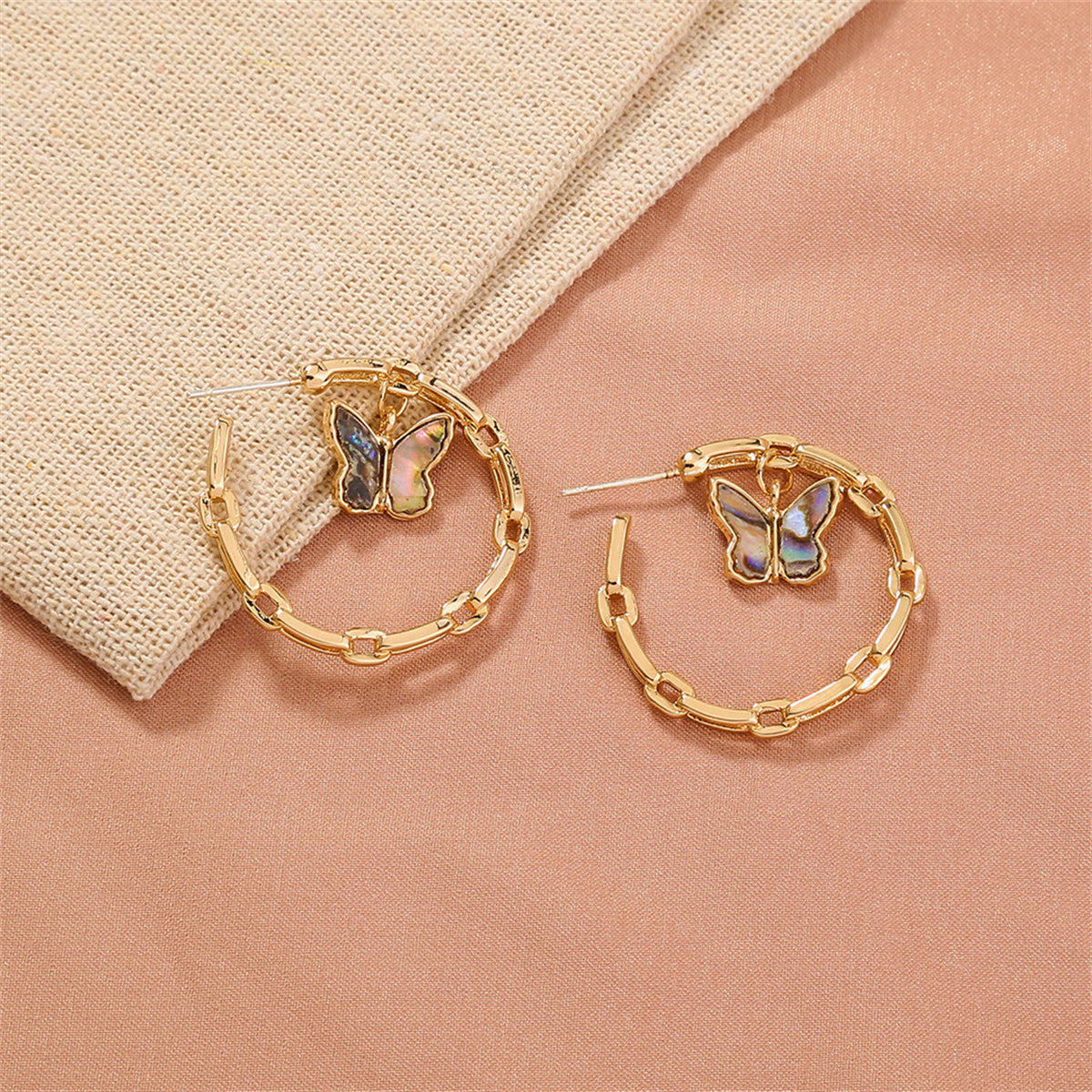 Abalone Shell and 18K Gold-Plated Butterfly Chain Hoop Earrings, gold drop earrings for women, everyday style, lifestyle look