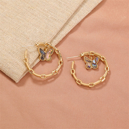 Abalone Shell and 18K Gold-Plated Butterfly Chain Hoop Earrings, gold drop earrings for women, everyday style, lifestyle look
