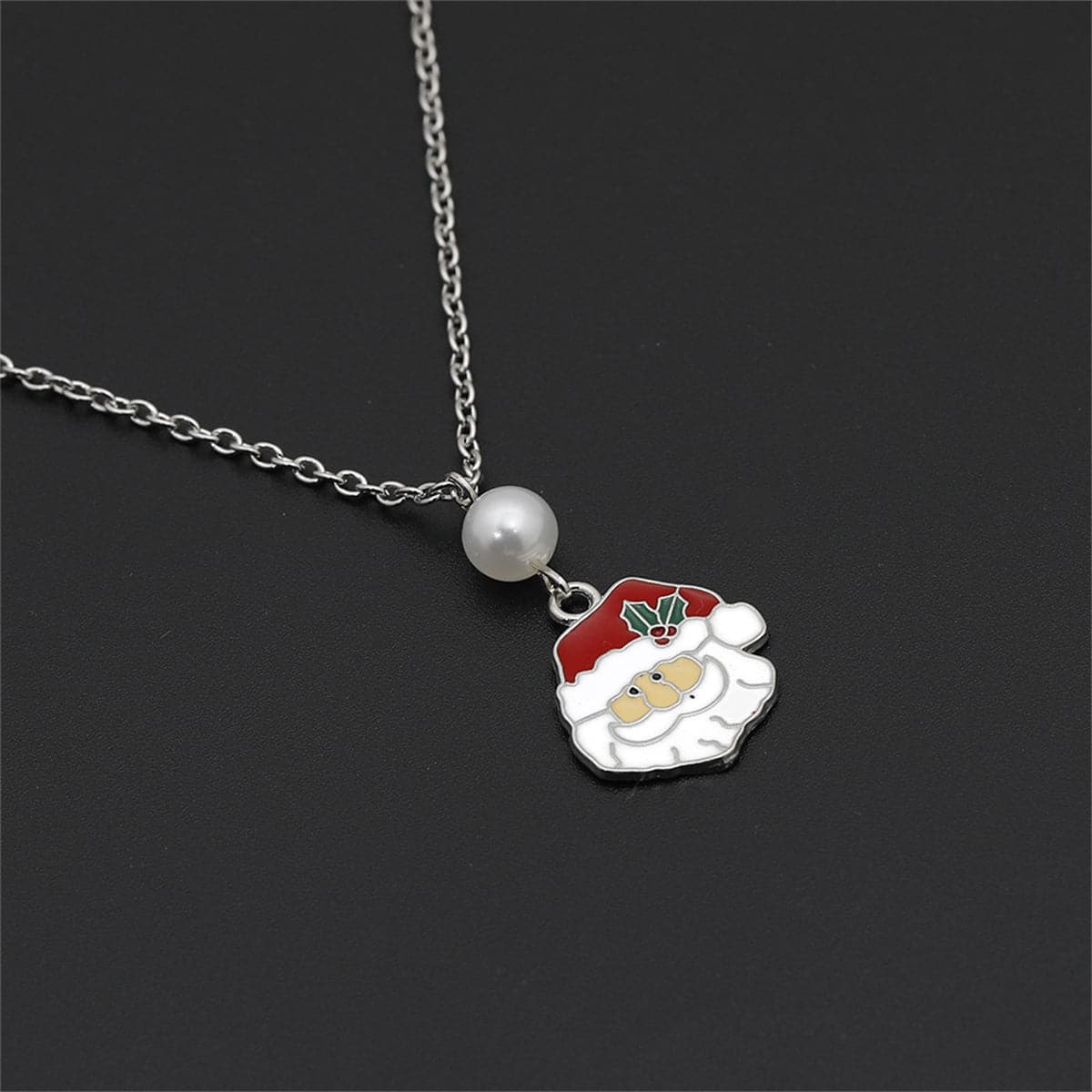Pearl and Red Enamel Silver-Plated Santa Pendant Necklace, silver pendant necklace for women, front view