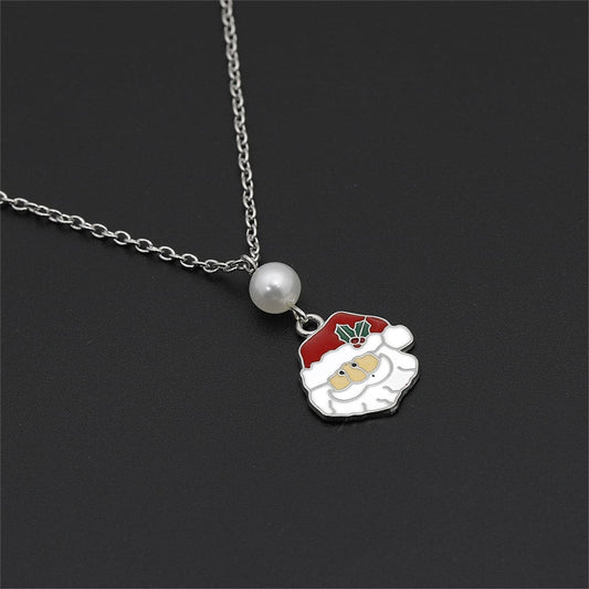 Pearl and Red Enamel Silver-Plated Santa Pendant Necklace, silver pendant necklace for women, front view