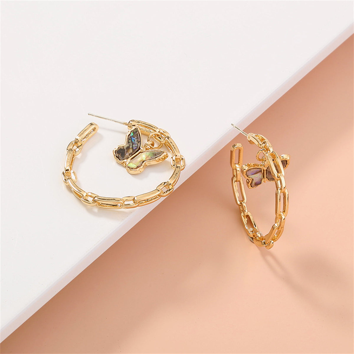 Abalone Shell and 18K Gold-Plated Butterfly Chain Hoop Earrings, gold drop earrings for women, everyday style, styled look