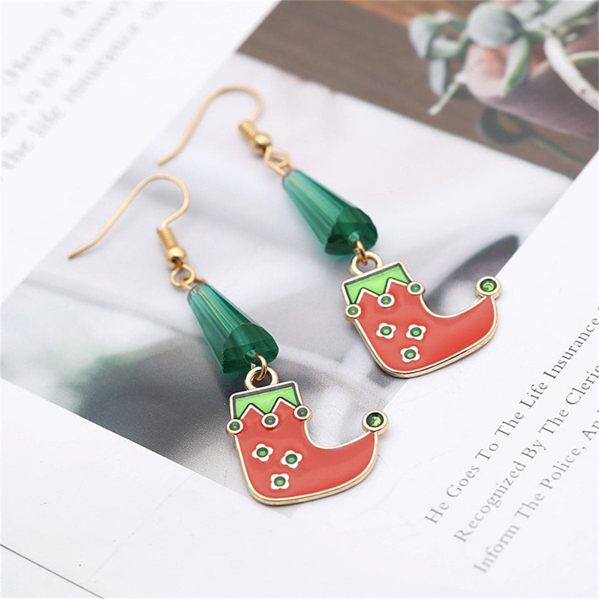 Green and Red Beaded Cone Elf Shoe Drop Earrings, drop earrings for women, botanical inspired, side view
