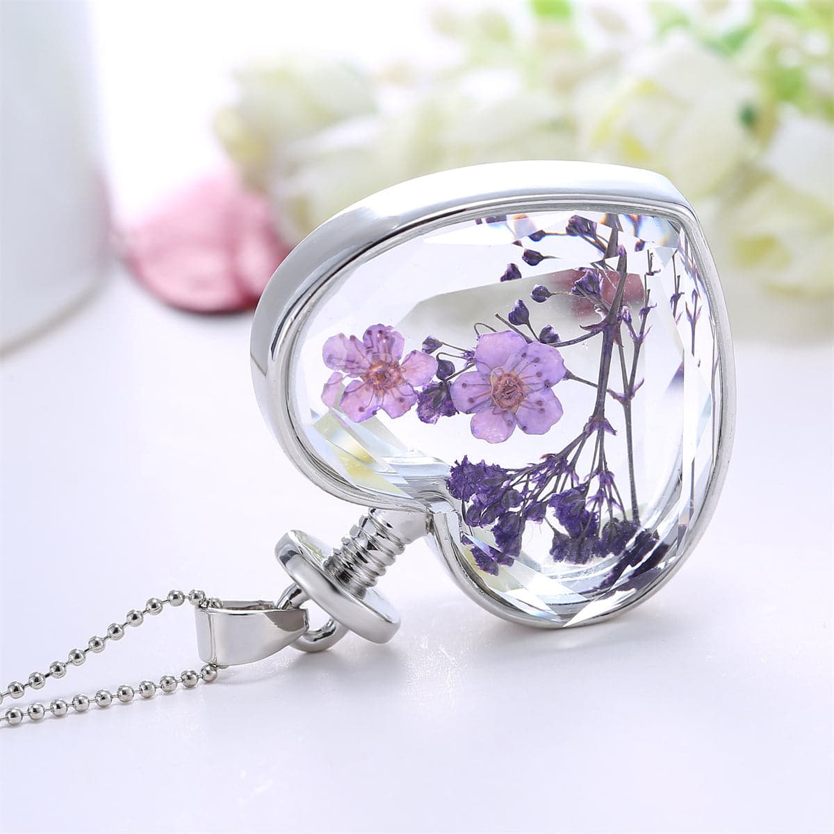 Purple Pressed Peach Blossom and Silver-Plated Heart Pendant Necklace, silver pendant necklace for women, lifestyle look