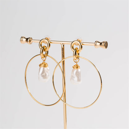 Pearl and 18K Gold-Plated Circle Drop Earrings, gold drop earrings for women, everyday style, side view