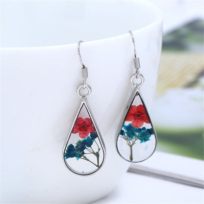 Red and Purple Peach Pressed Flower Silver-Plated Drop Earrings, silver drop earrings for women, side view
