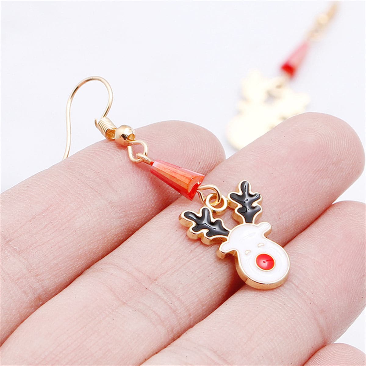 White Enamel & Acrylic 18K Gold-Plated Reindeer Face Drop Earring