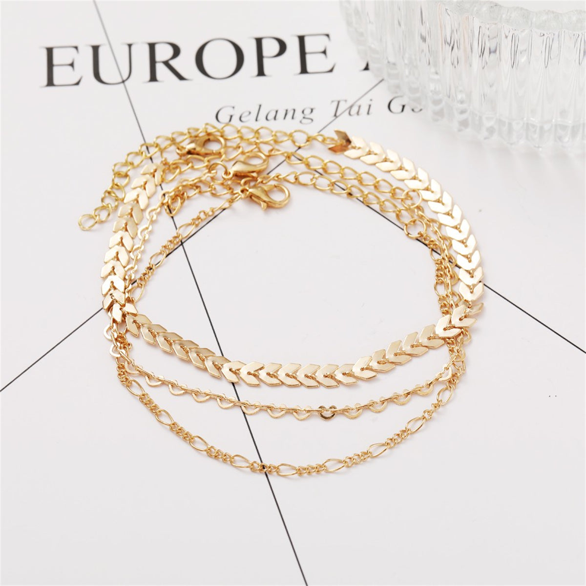 18K Gold-Plated Linked Open Heart Wheat Anklet Set