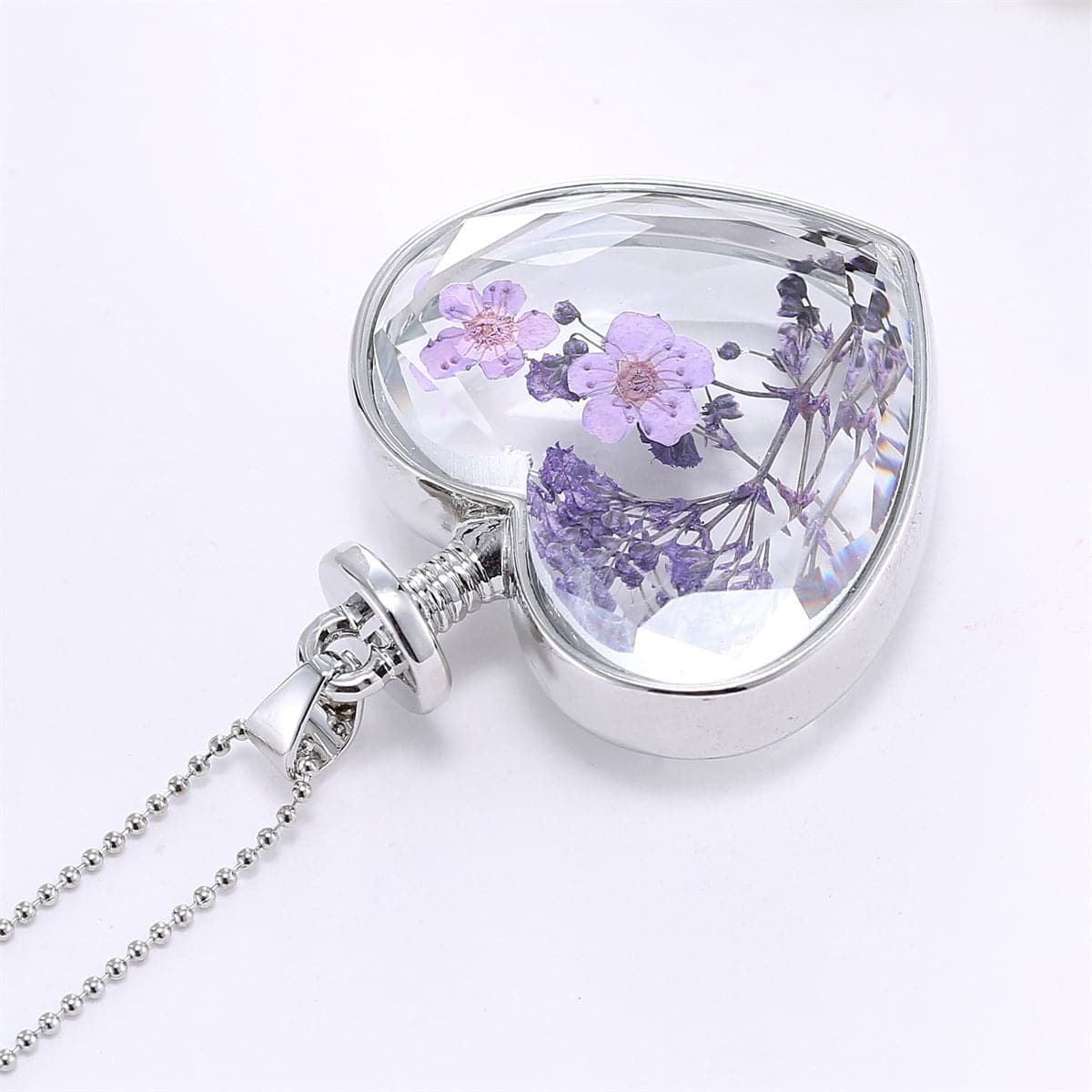 Purple Pressed Peach Blossom and Silver-Plated Heart Pendant Necklace, silver pendant necklace for women, styled look