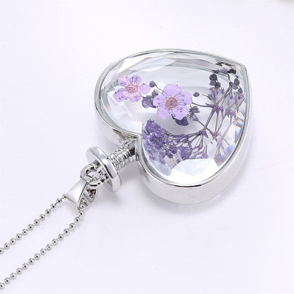 Purple Pressed Peach Blossom and Silver-Plated Heart Pendant Necklace, silver pendant necklace for women, styled look