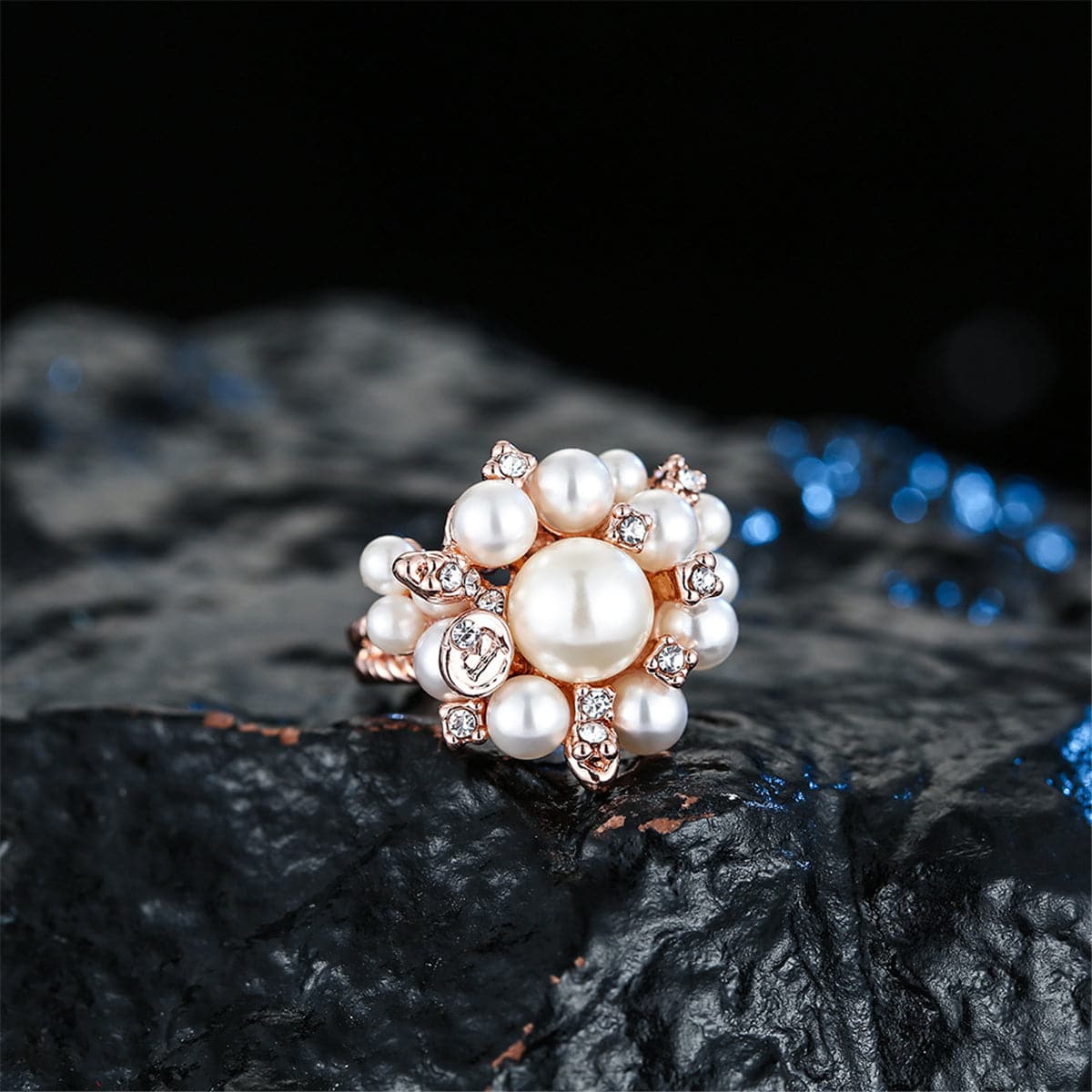 Cubic Zirconia & Pearl 18k Rose Gold-Plated Flower Ring