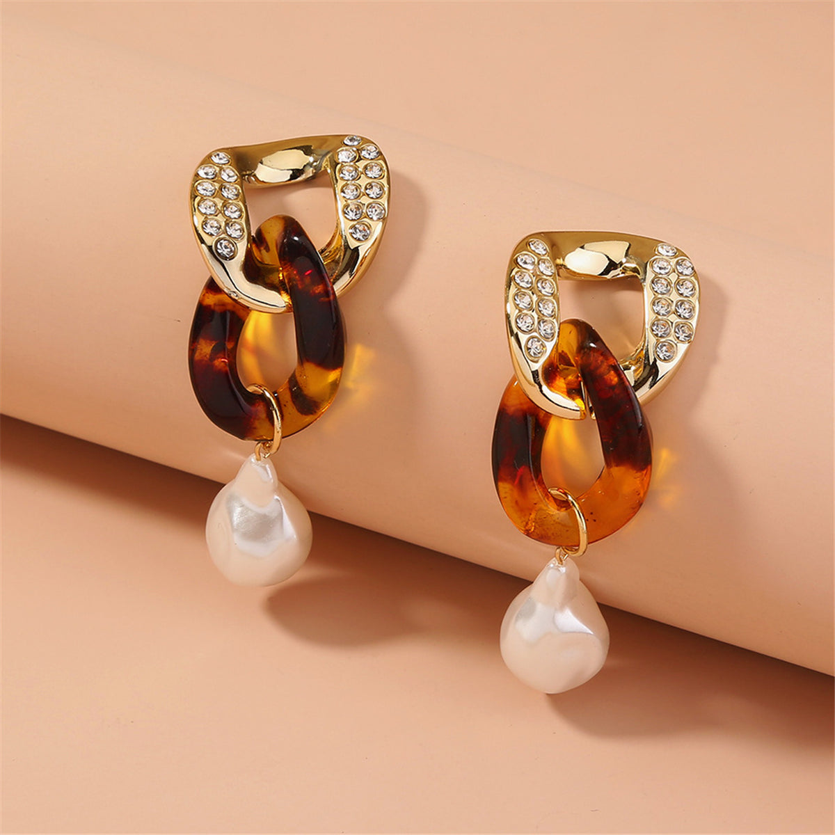 Pearl and Cubic Zirconia Resin 18K Gold-Plated Chain Link Drop Earrings, gold drop earrings for women, front view