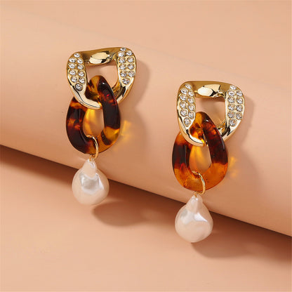 Pearl and Cubic Zirconia Resin 18K Gold-Plated Chain Link Drop Earrings, gold drop earrings for women, front view