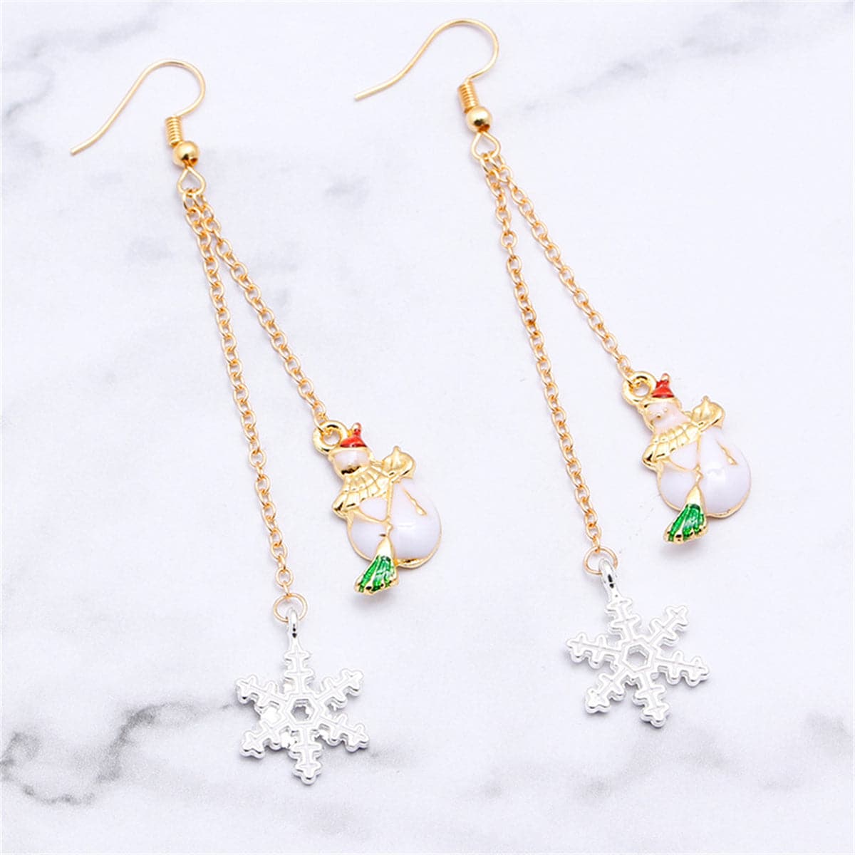 White Enamel and Two Tone Snowflake Snowman Drop Earrings, drop earrings for women, everyday style, side view