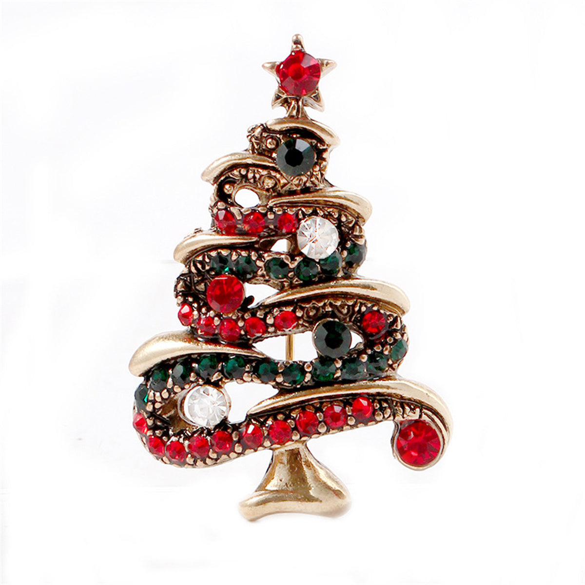Red Cubic Zirconia and 18K Gold-Plated Christmas Tree Brooch, gold brooch pin, botanical inspired, front view
