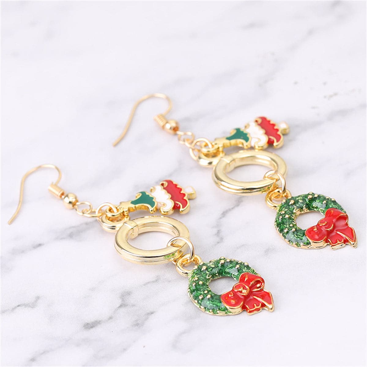 Green Enamel & 18K Gold-Plated Christmas Tree Wreath Drop Earrings