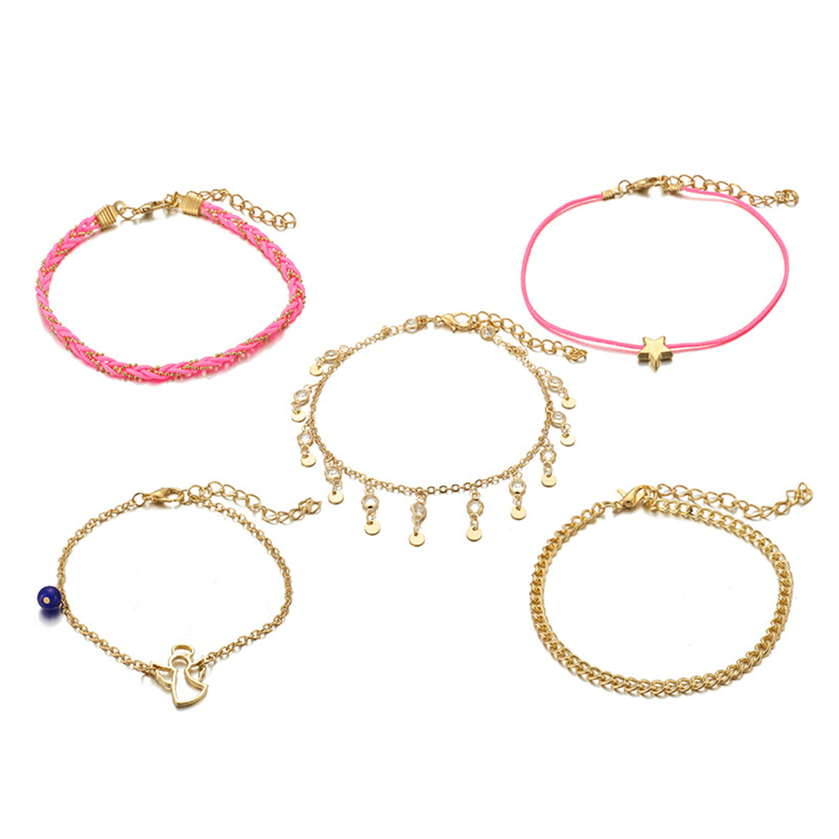 Cubic Zirconia & 18K Gold-Plated Angel Charm Anklet Set