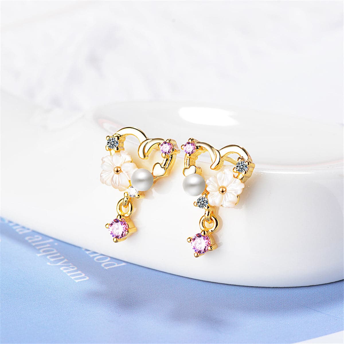 Cubic Zirconia & Pearl 18K Gold-Plated Flower Heart Drop Earring