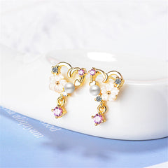 Cubic Zirconia & Pearl 18K Gold-Plated Flower Heart Drop Earring