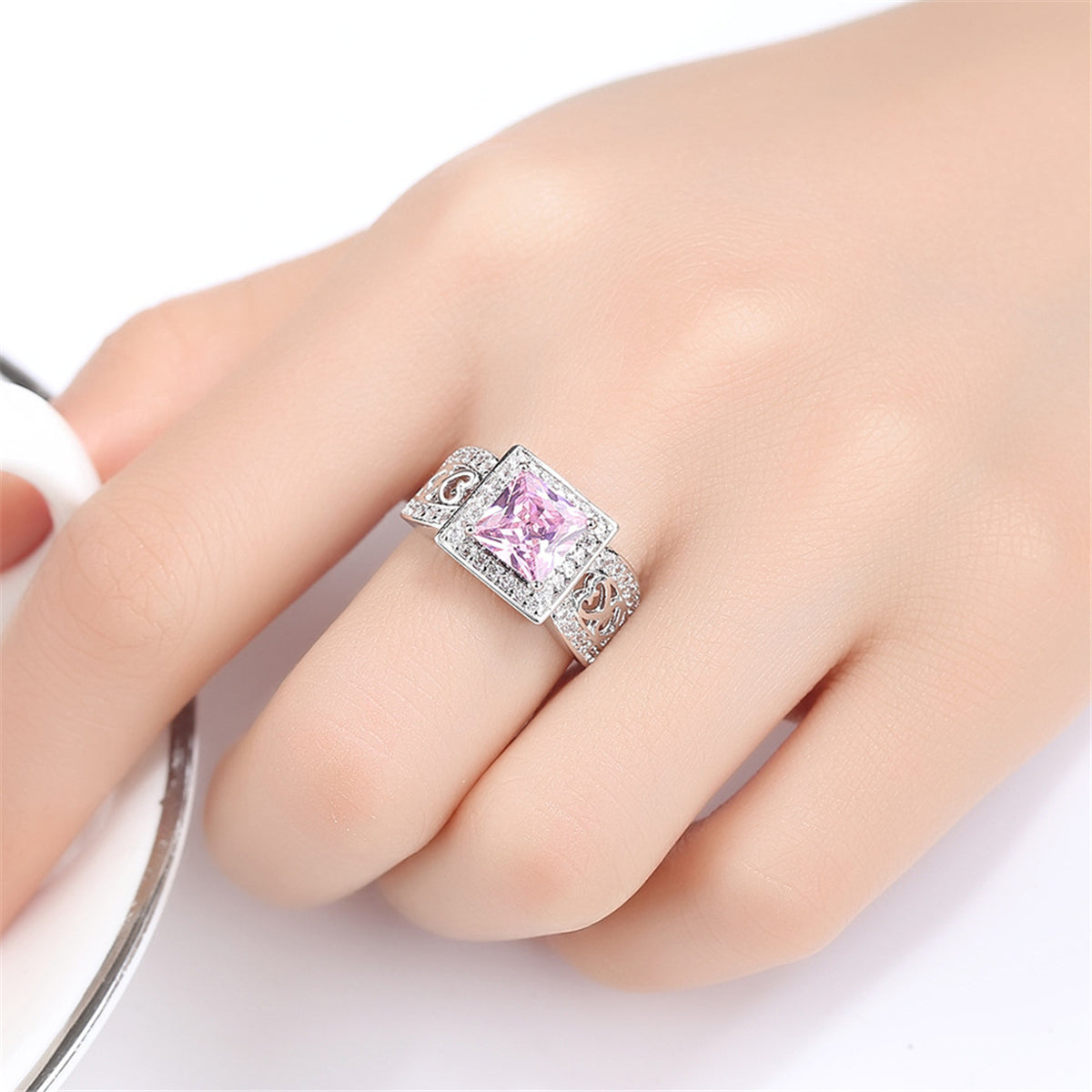 Pink Crystal & Cubic Zirconia Princess-Cut Openwork Heart Halo Ring