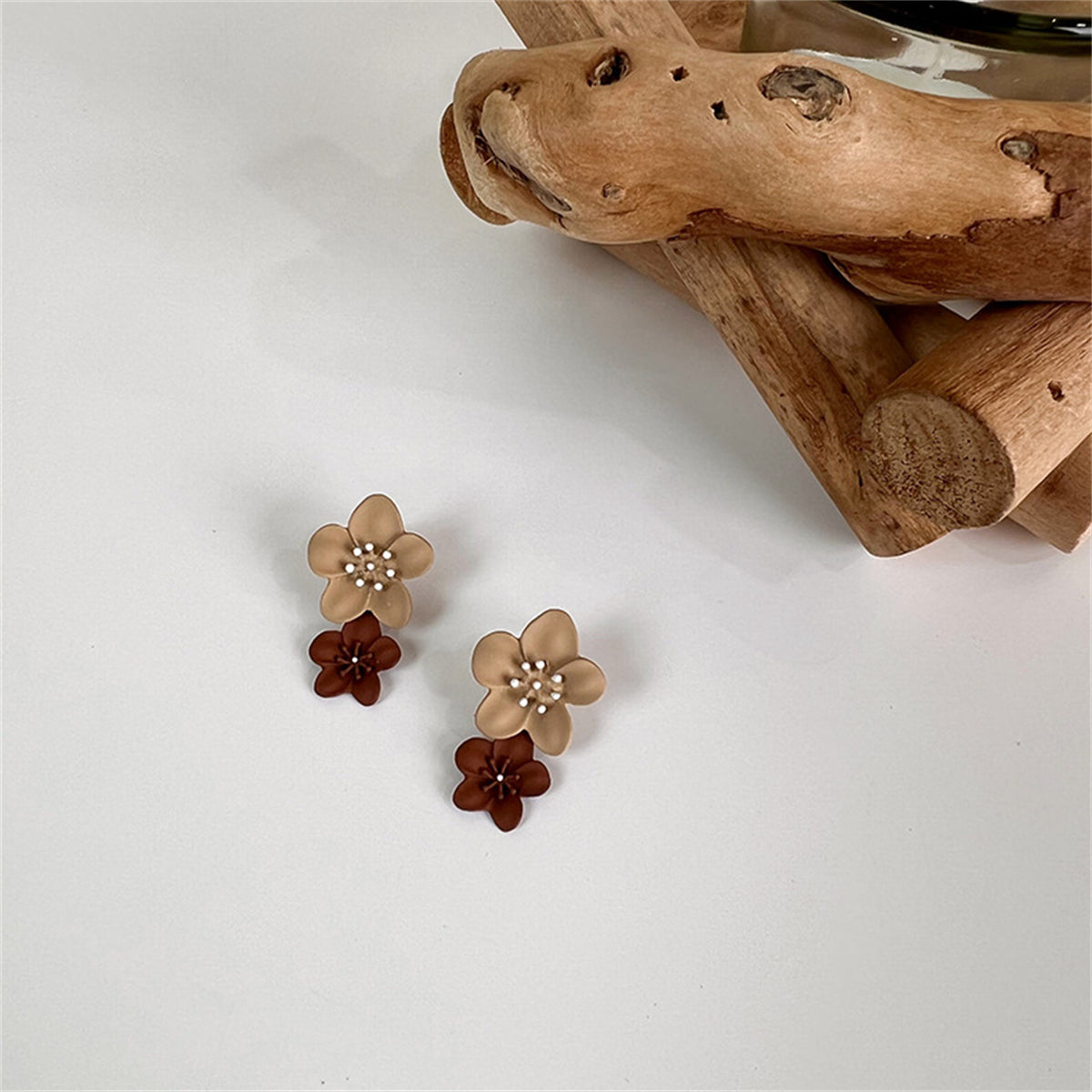 Brown Enamel & Silver-Plated Floral Drop Earrings