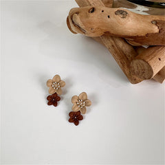 Brown Enamel & Silver-Plated Floral Drop Earrings
