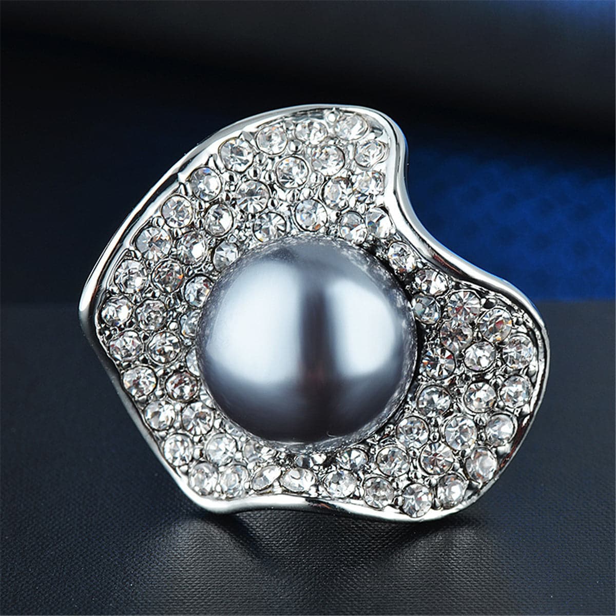 Gray Pearl & Cubic Zirconia Silver-Plated Lotus Ring
