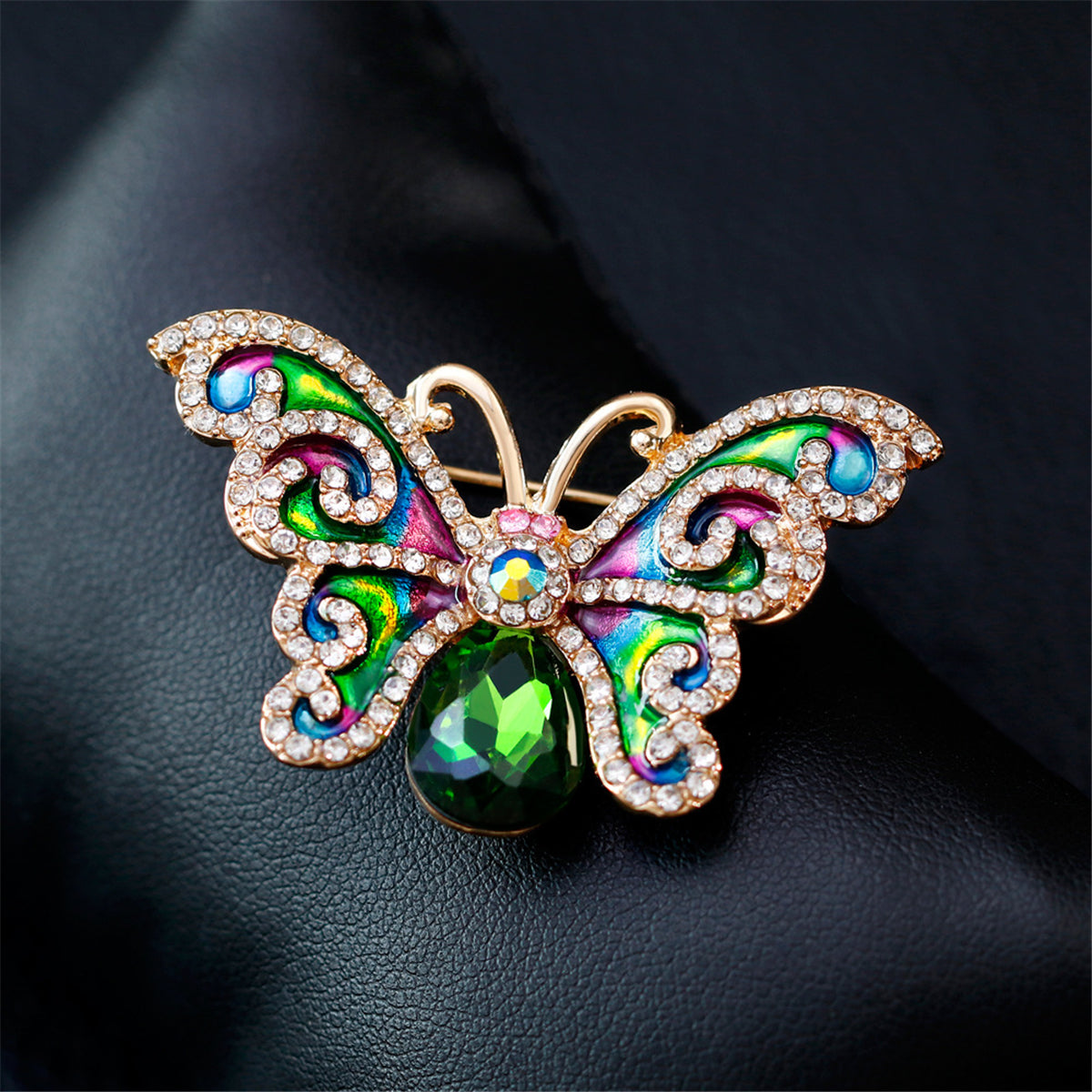 Green Crystal and Cubic Zirconia Butterfly Brooch, brooch pin, everyday style, front view