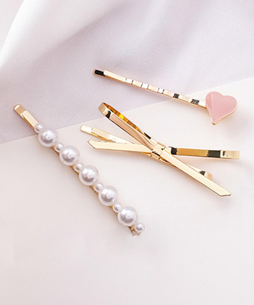 Pearl & Enamel 18K Gold-Plated Heart Bow Hair Clip Set