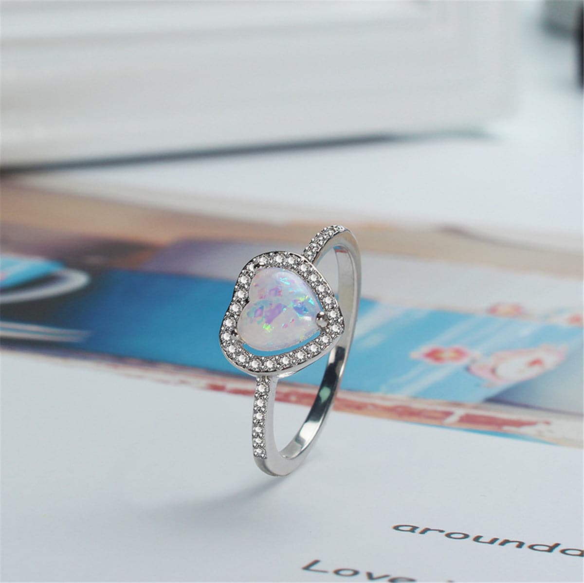 White Opal & Cubic Zirconia Heart-Cut Halo Ring