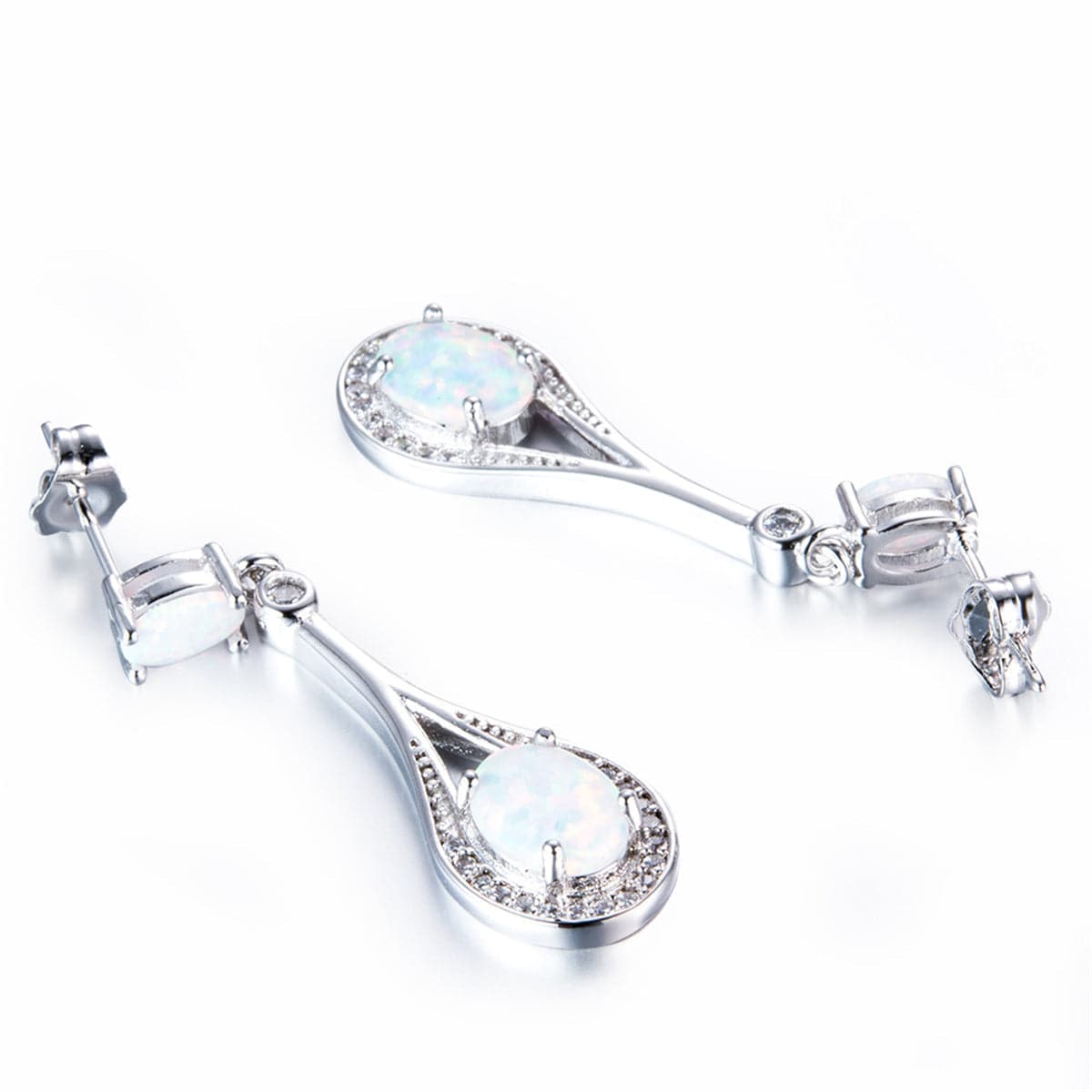 White Opal & Silver-Plated Oval Drop Earrings