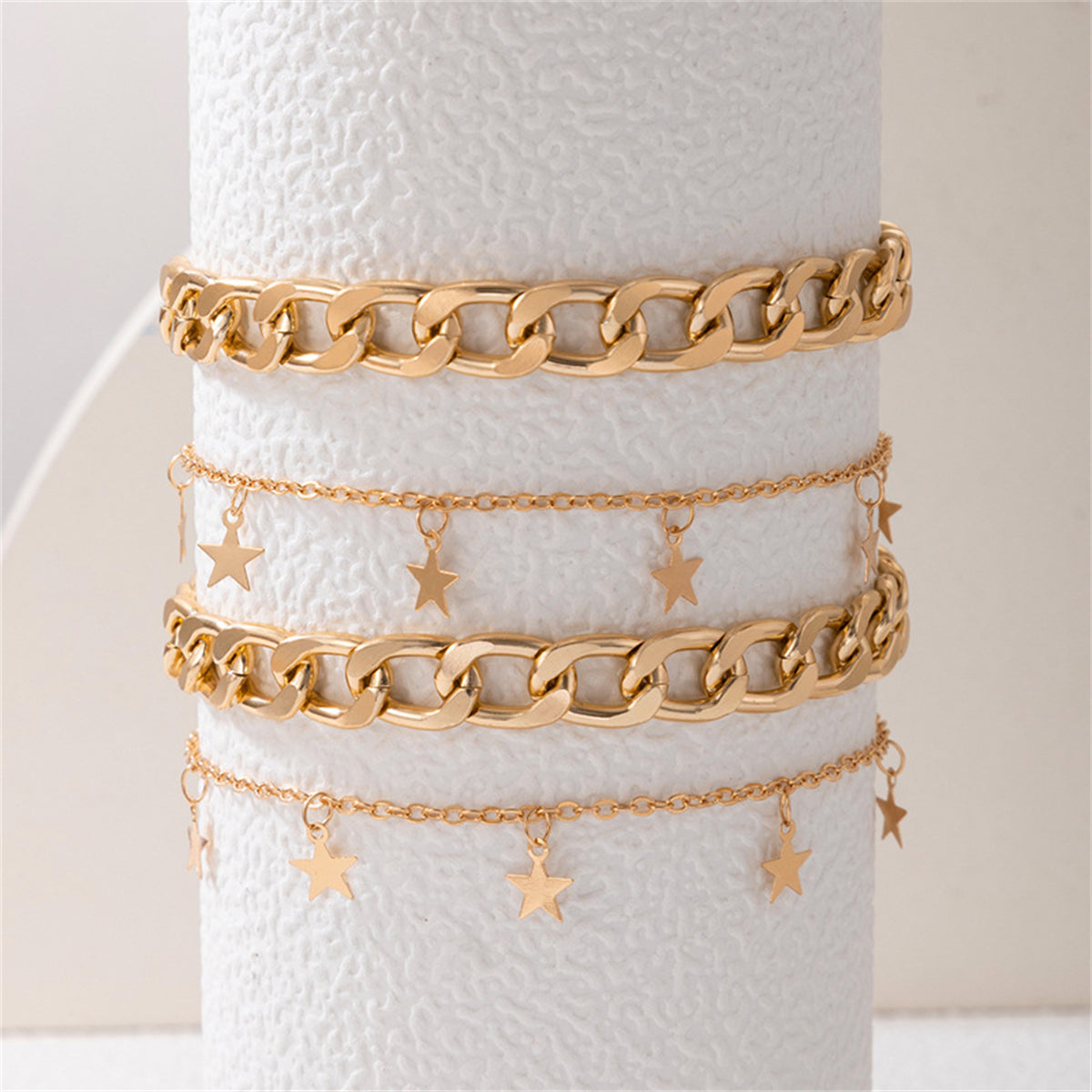 18K Gold-Plated Star Station & Curb Chain Anklet Set