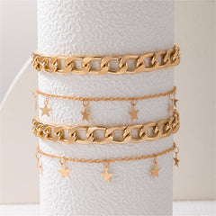 18K Gold-Plated Star Station & Curb Chain Anklet Set