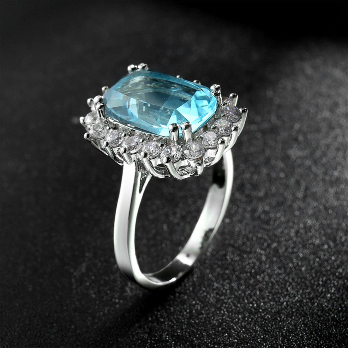 Blue Crystal Princess-Cut Floral Halo Ring, statement rings for women, elegant gift for her, side view
