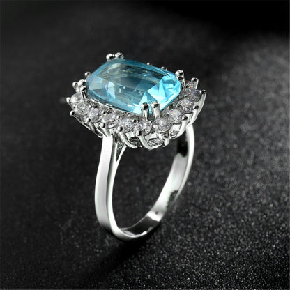 Blue Crystal Princess-Cut Floral Halo Ring, statement rings for women, elegant gift for her, side view