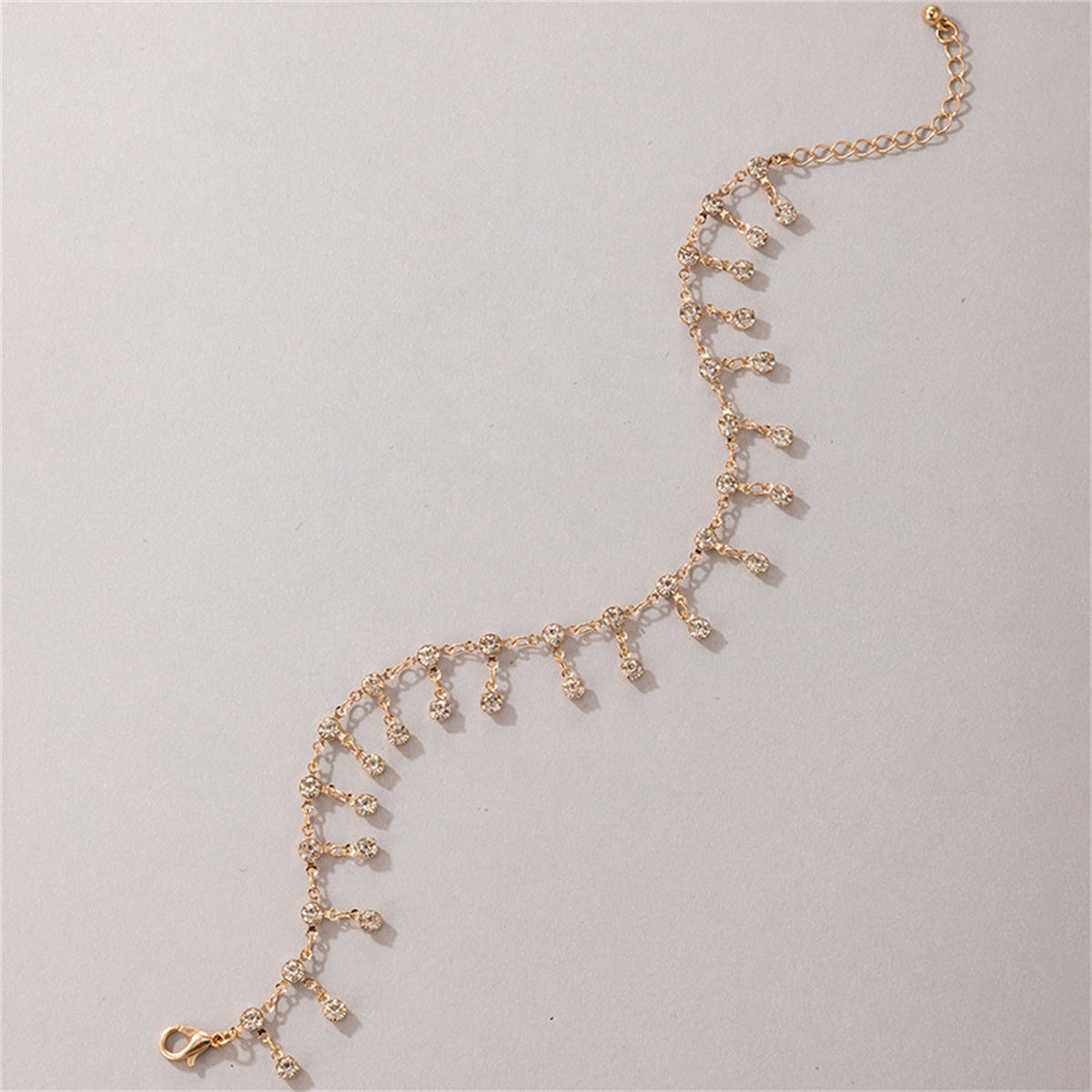 Cubic Zirconia and 18K Gold-Plated Tassel Anklet, gold anklet bracelet, botanical inspired, detail close-up
