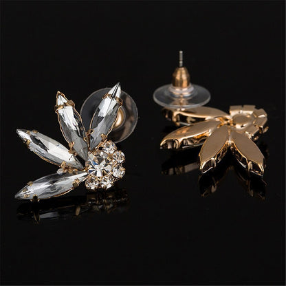 Crystal and Cubic Zirconia 18K Gold-Plated Stud Earrings, gold stud earrings for women, botanical inspired, detail close-up