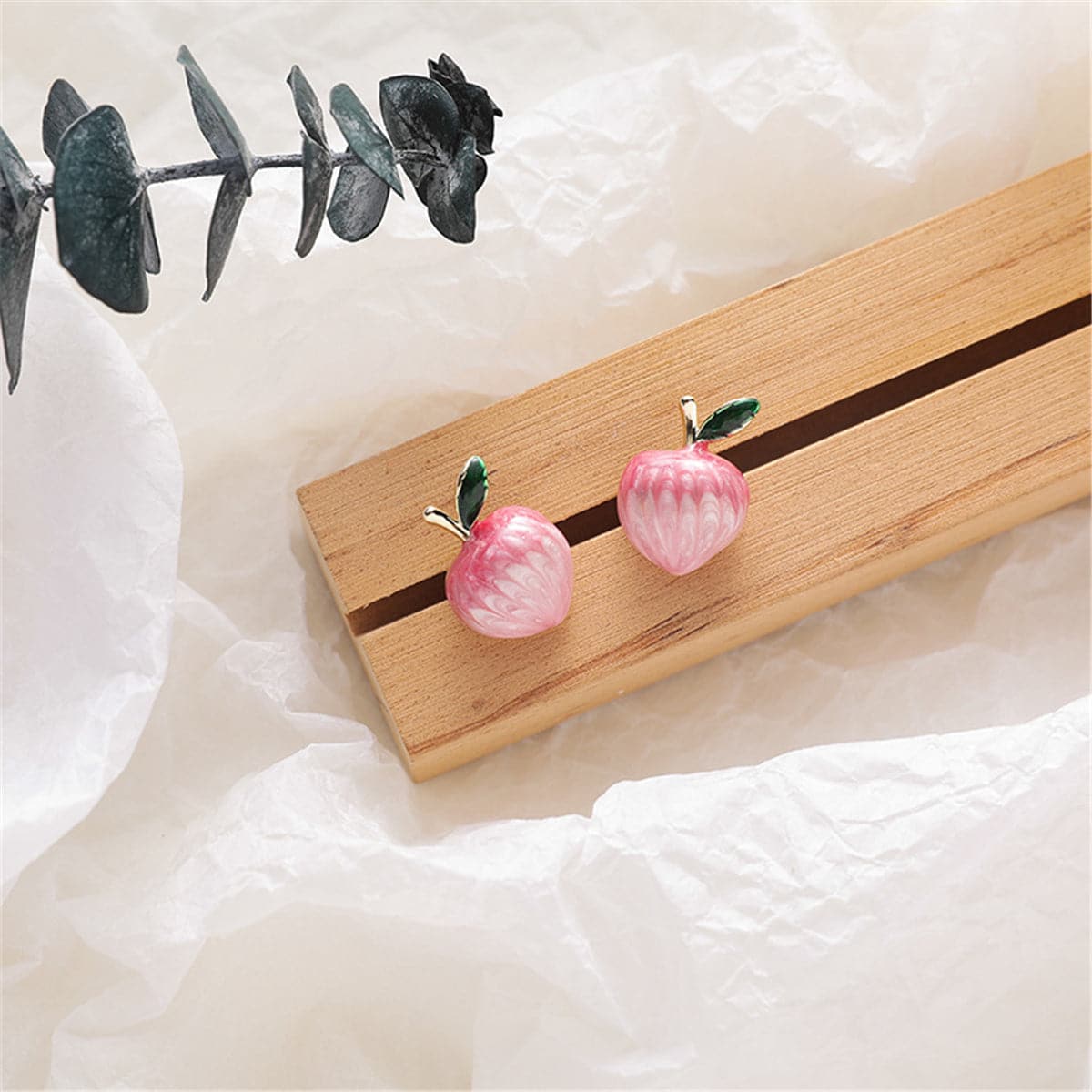 Pink and 18K Gold-Plated Peaches Stud Earrings, gold stud earrings for women, everyday style, detail close-up