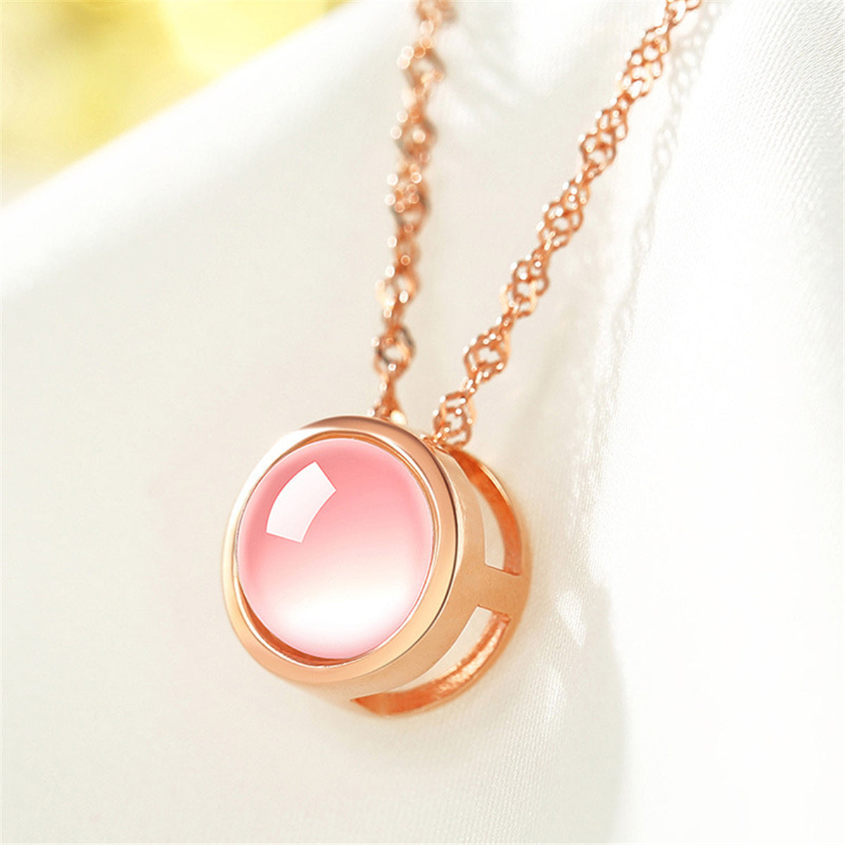 Pink Cats Eye and 18K Rose Gold-Plated Bezel-Set Pendant Necklace, rose gold pendant necklace for women, front view
