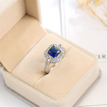 Navy Princess Crystal and Cubic Zirconia Square Halo Ring, statement rings for women, elegant gift for her, lifestyle look
