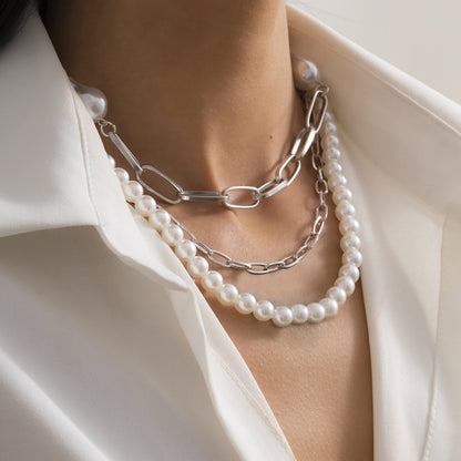 Pearl and Silver-Plated Figaro Chain Necklace Set, jewelry gift sets for women, dainty minimalist design, side view