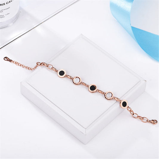 Black and 18K Rose Gold-Plated Roman Numeral Plate Station Bracelet, rose gold bracelet for women, front view
